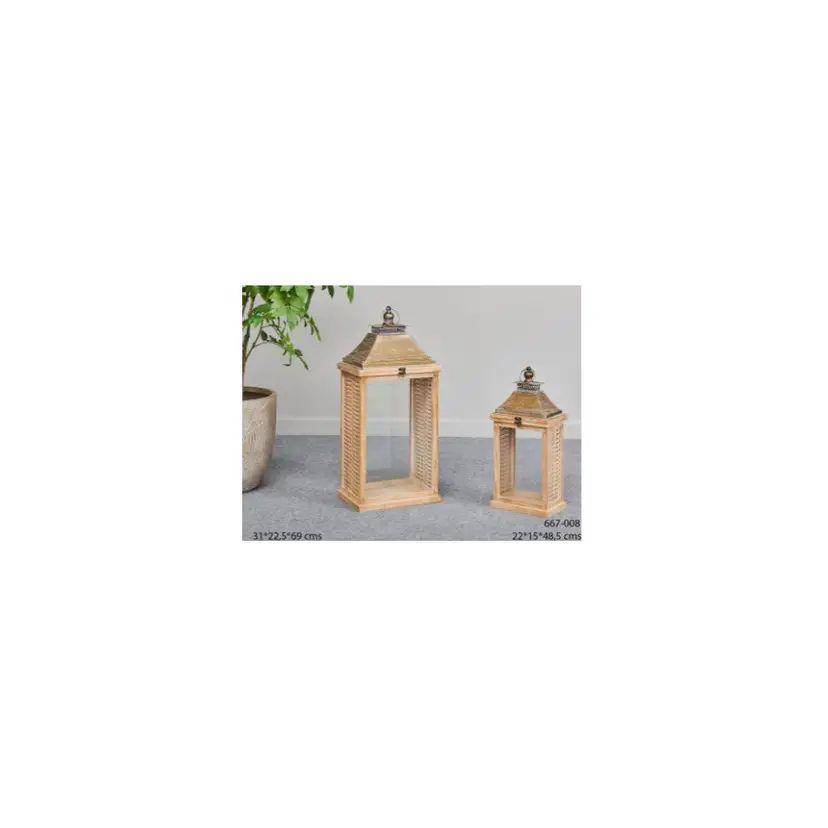 Farol Madera Natural Metal Cuero