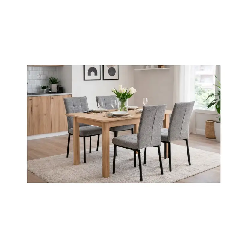 Comedor con mesa extensible de roble y sillas tapizadas